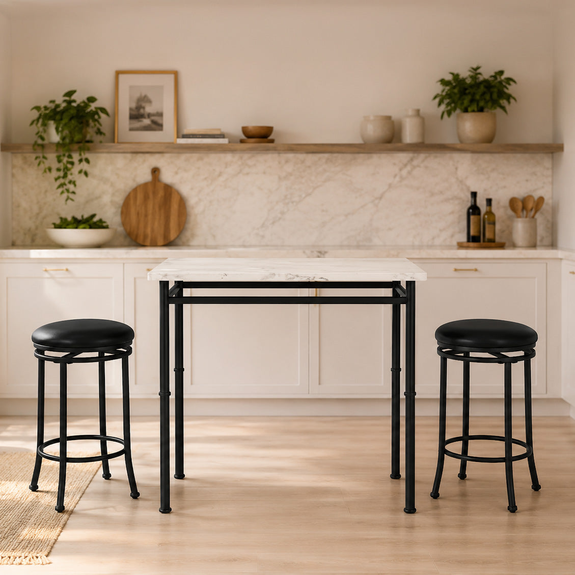 StyleWell Black Metal 3 Piece Dining Set with Faux Marble Top
