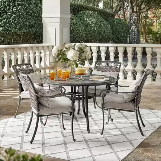 5-Piece Wiltshire Heights Cushioned Cast and Woven Back All Aluminum Outdoor Dining Set with SunBrella Bliss Sand Cushion