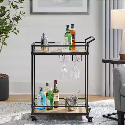 StyleWell Black Metal Bar Cart with Natural Wood Shelves