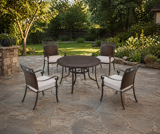 5-Piece Wiltshire Heights Cushioned Cast and Woven Back All Aluminum Outdoor Dining Set with SunBrella Bliss Sand Cushion