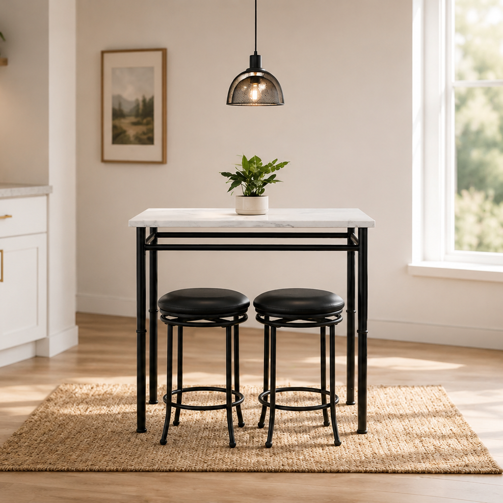 StyleWell Black Metal 3 Piece Dining Set with Faux Marble Top