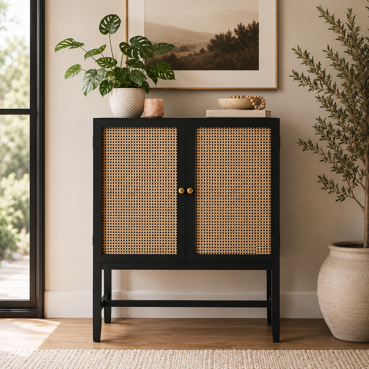 StyleWell Odell Cane Accent Bar Cabinet with Removable Wine Rack