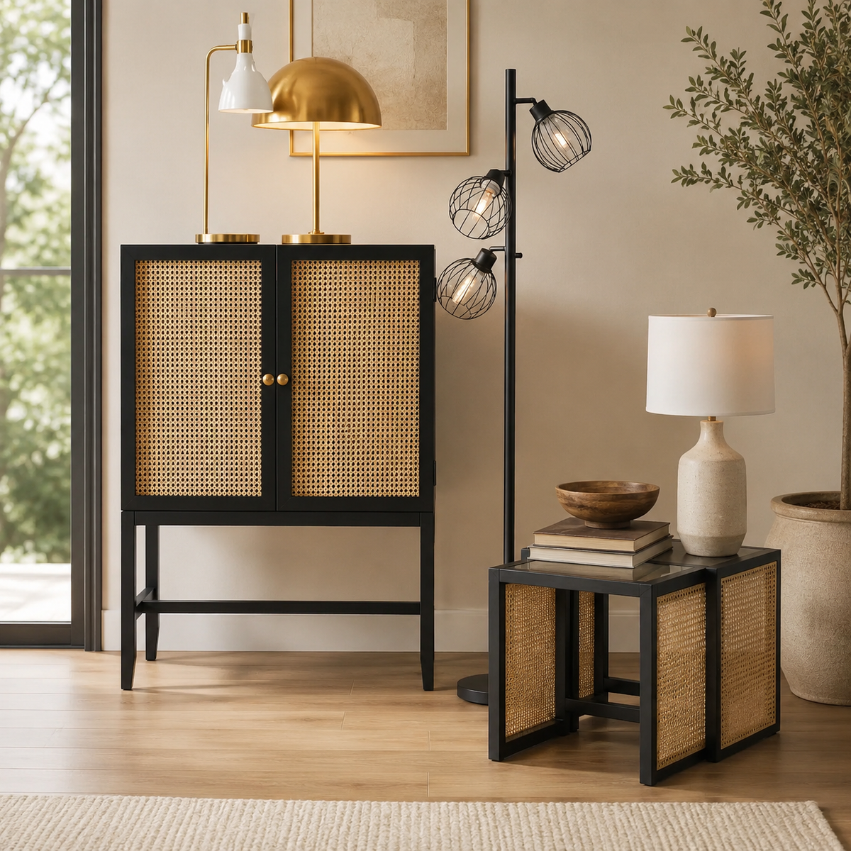 StyleWell Odell Cane Accent Bar Cabinet with Removable Wine Rack