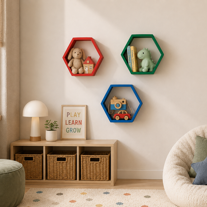 Children's room with hexagonal shelves displaying toys and a wooden cabinet.